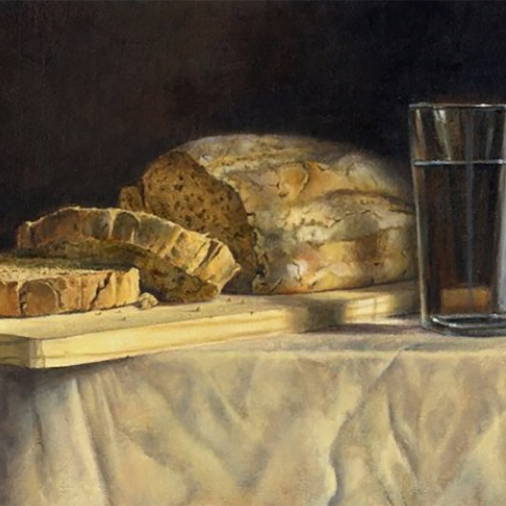 still life painting of bread and glass of water