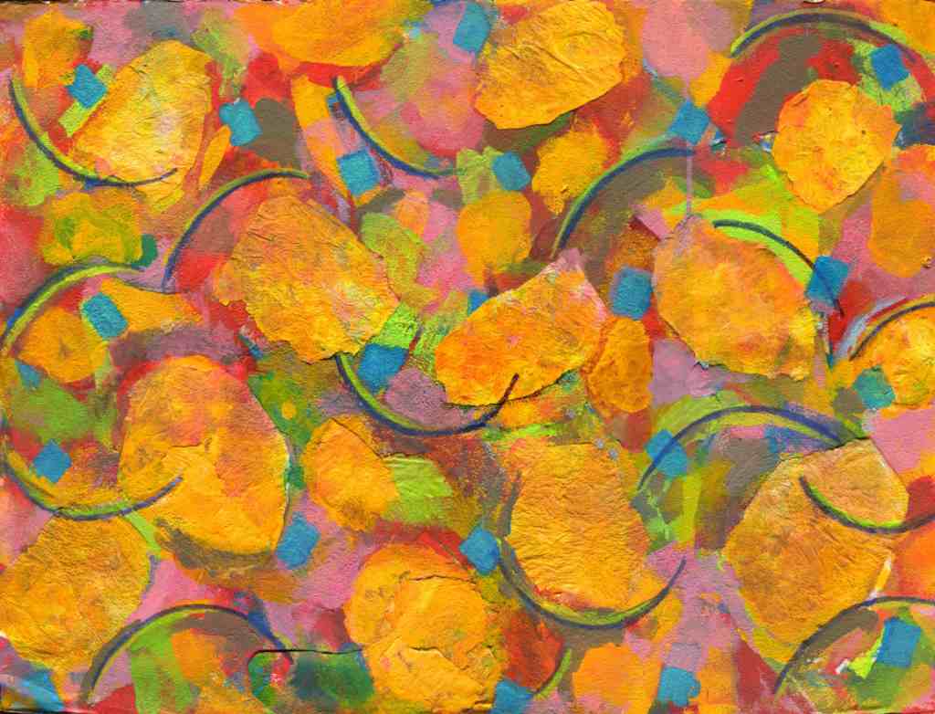 A mixed media, textured piece of artwork from Annette Chevallier's 'Walk by the River' series, containing different curved shapes and lines of blue, yellow and green.