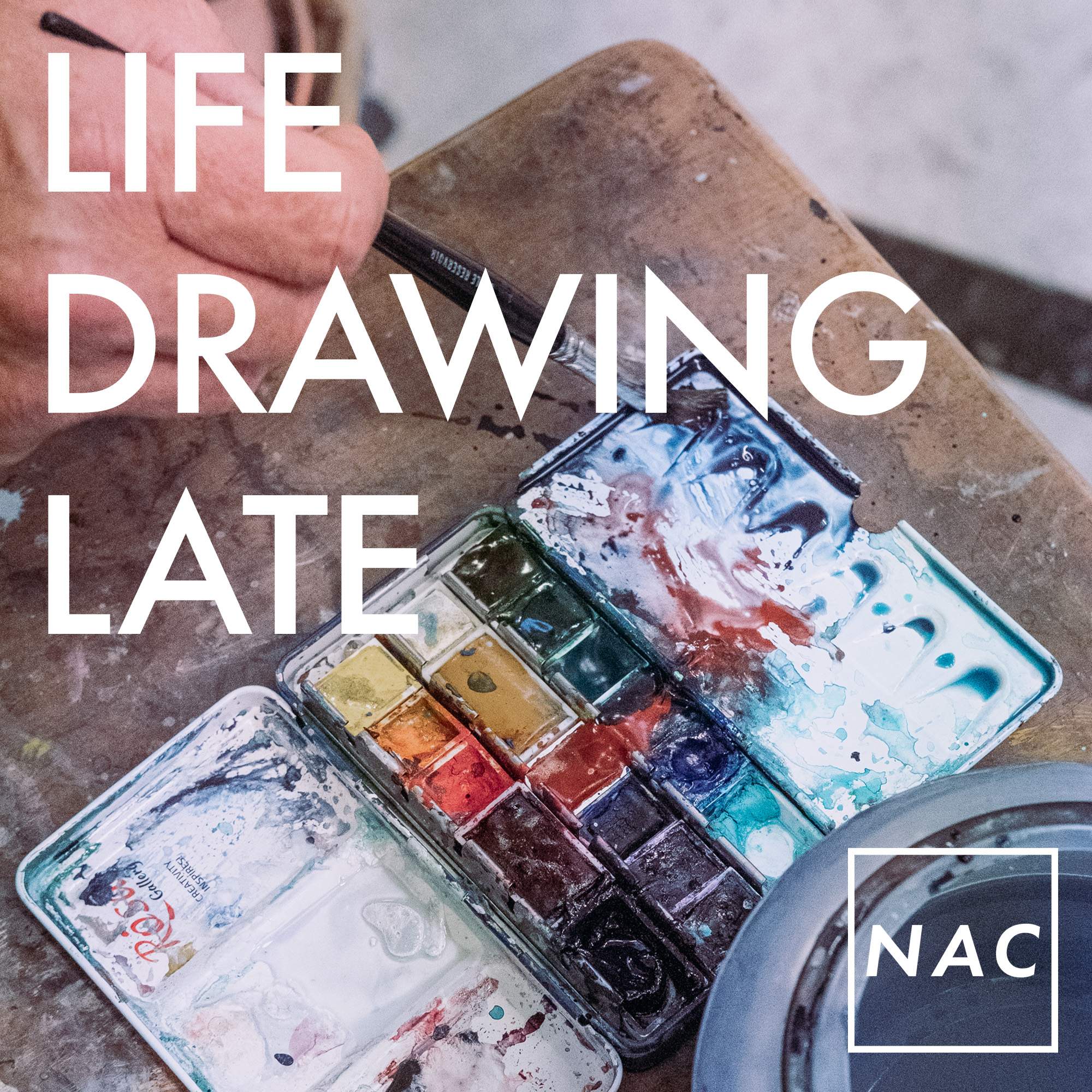 image of painters palette with white text in the foreground that reads 'Life Drawing Late'