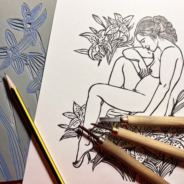 lino cut print of a woman